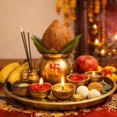 Indian pooja essentials and puja samagri - agarbatti, diyas, camphor, kumkum and aarti accessories
