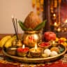 Indian pooja essentials and puja samagri - agarbatti, diyas, camphor, kumkum and aarti accessories

