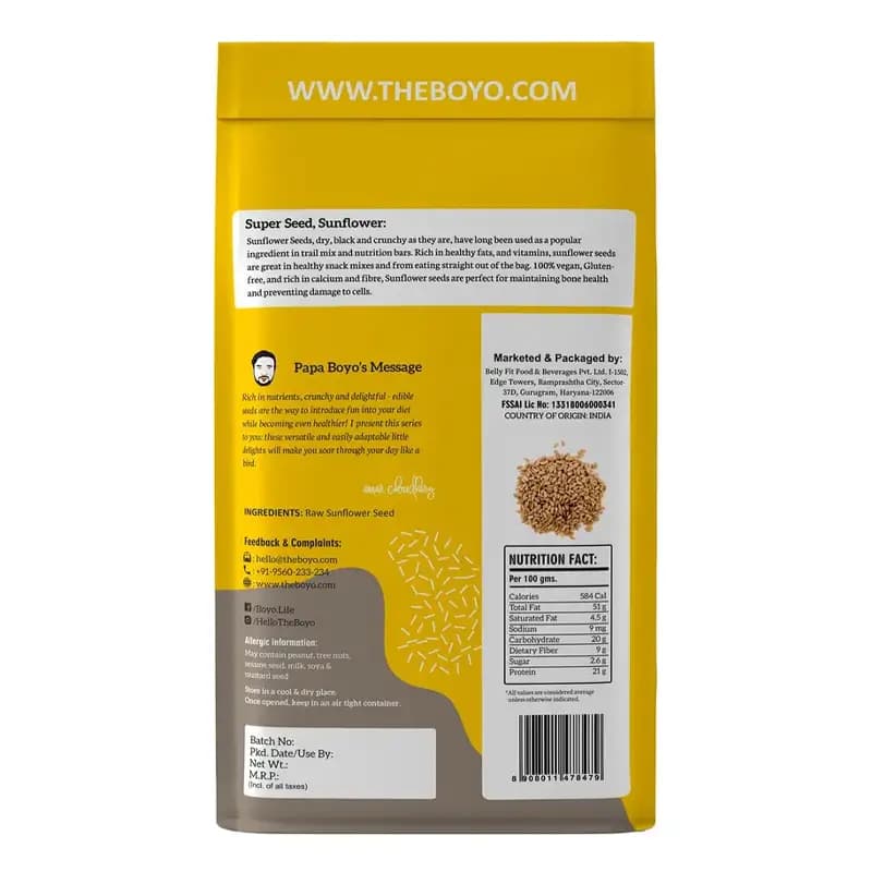 Boyo Raw Sunflower Seeds 250 g Nutrition Facts