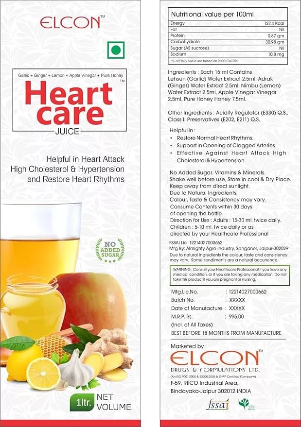 Elcon Heart Care Juice 1 L Nutrition Facts & Manufacturing Details