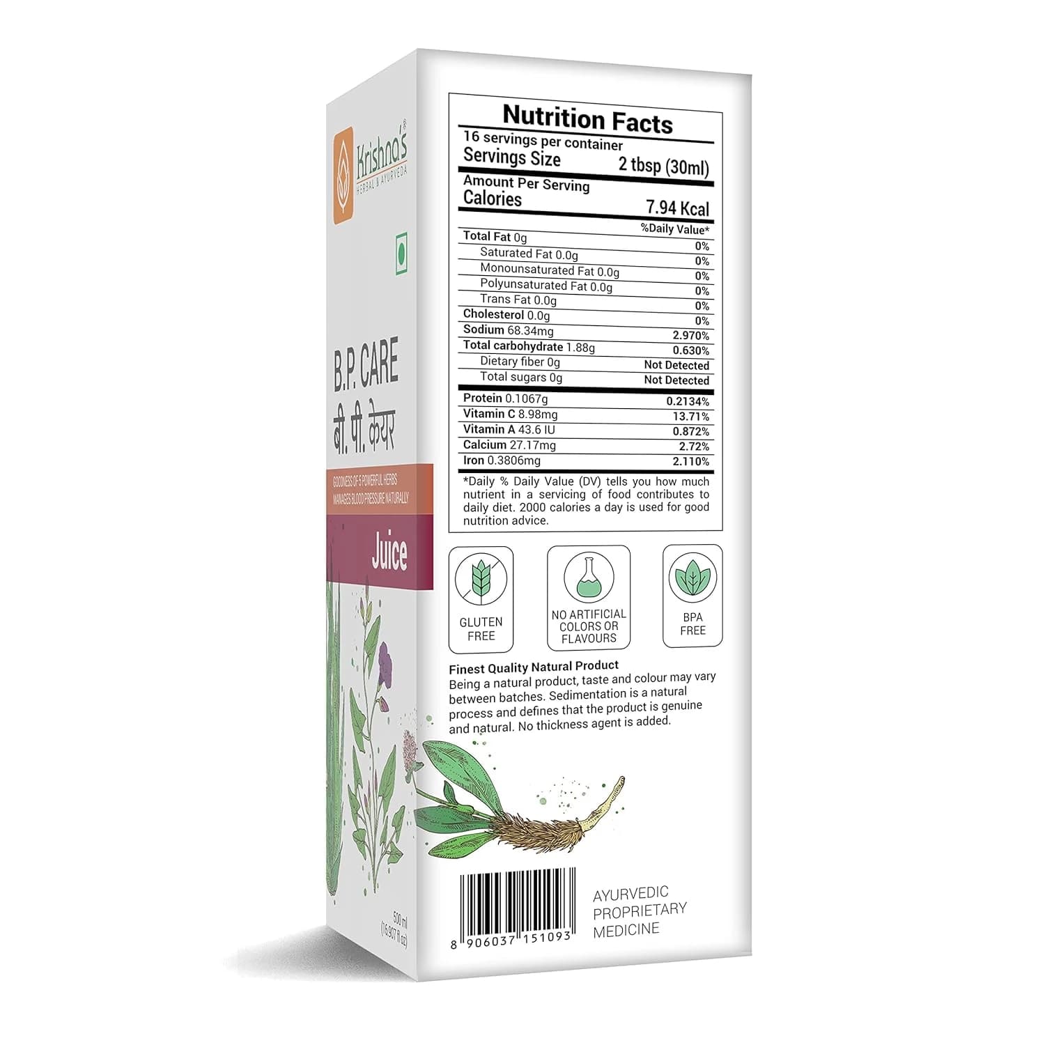 Krishna's High BP Care Juice nutrition facts