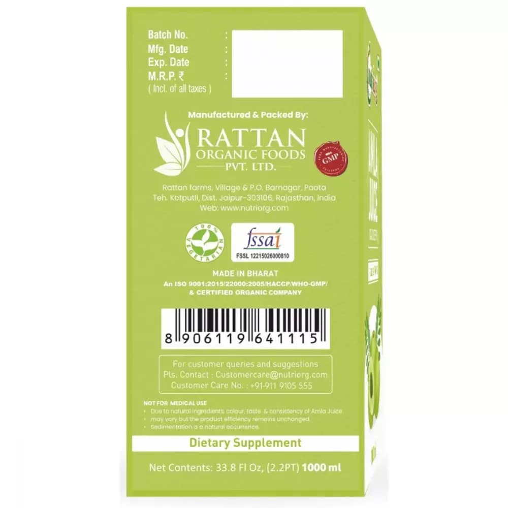 Nutriorg Amla Juice 1 L Manufacturing Details