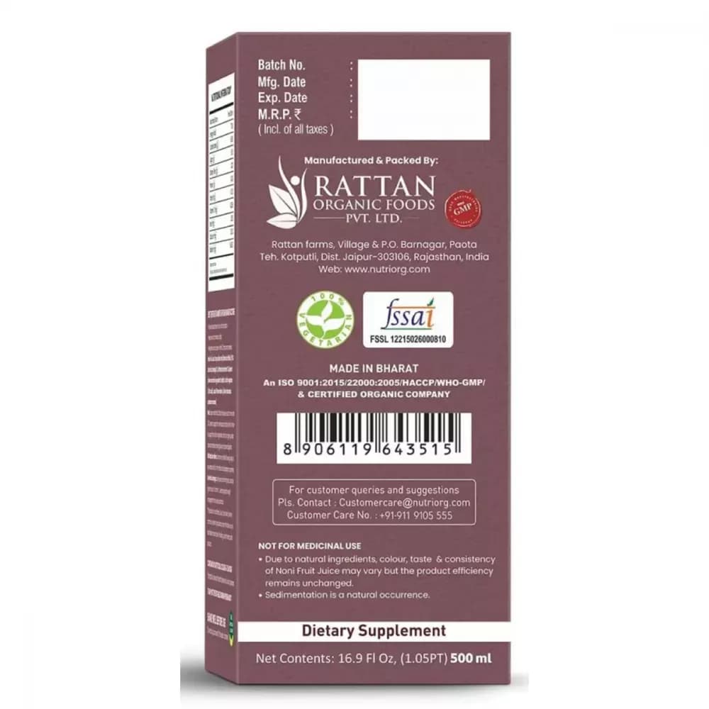 Nutriorg Noni Juice 500 ml Manufacturing Details