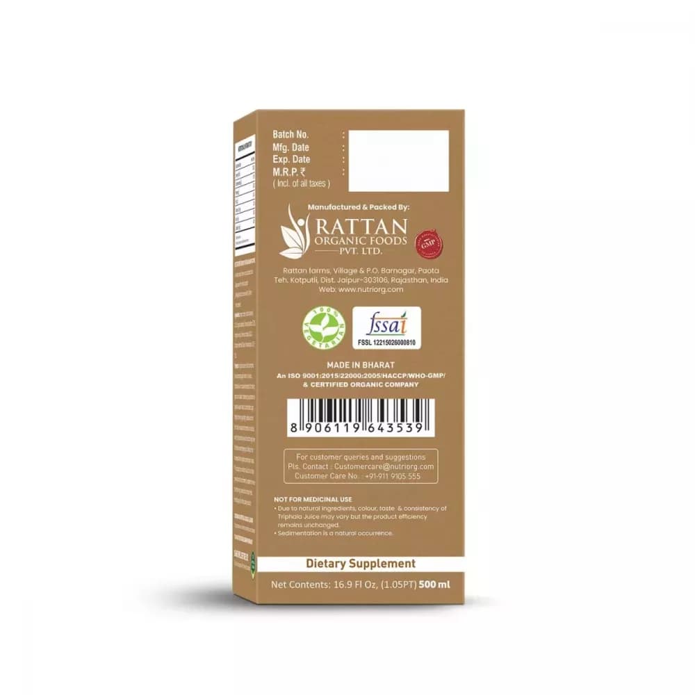 Nutriorg Triphala Juice 500 ml Manufacturing Details