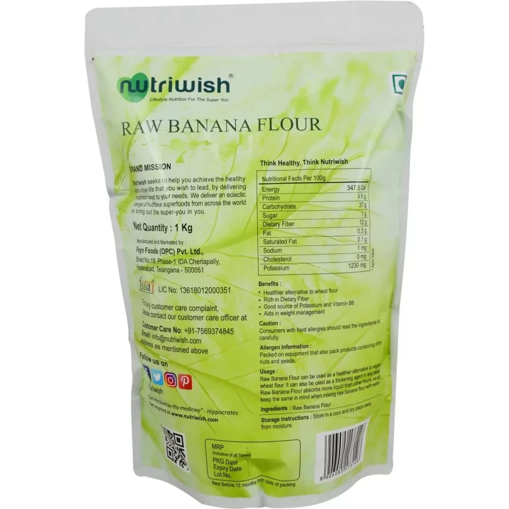 Nutriwish Raw Banana Flour 1 Kg nutrition facts & other details