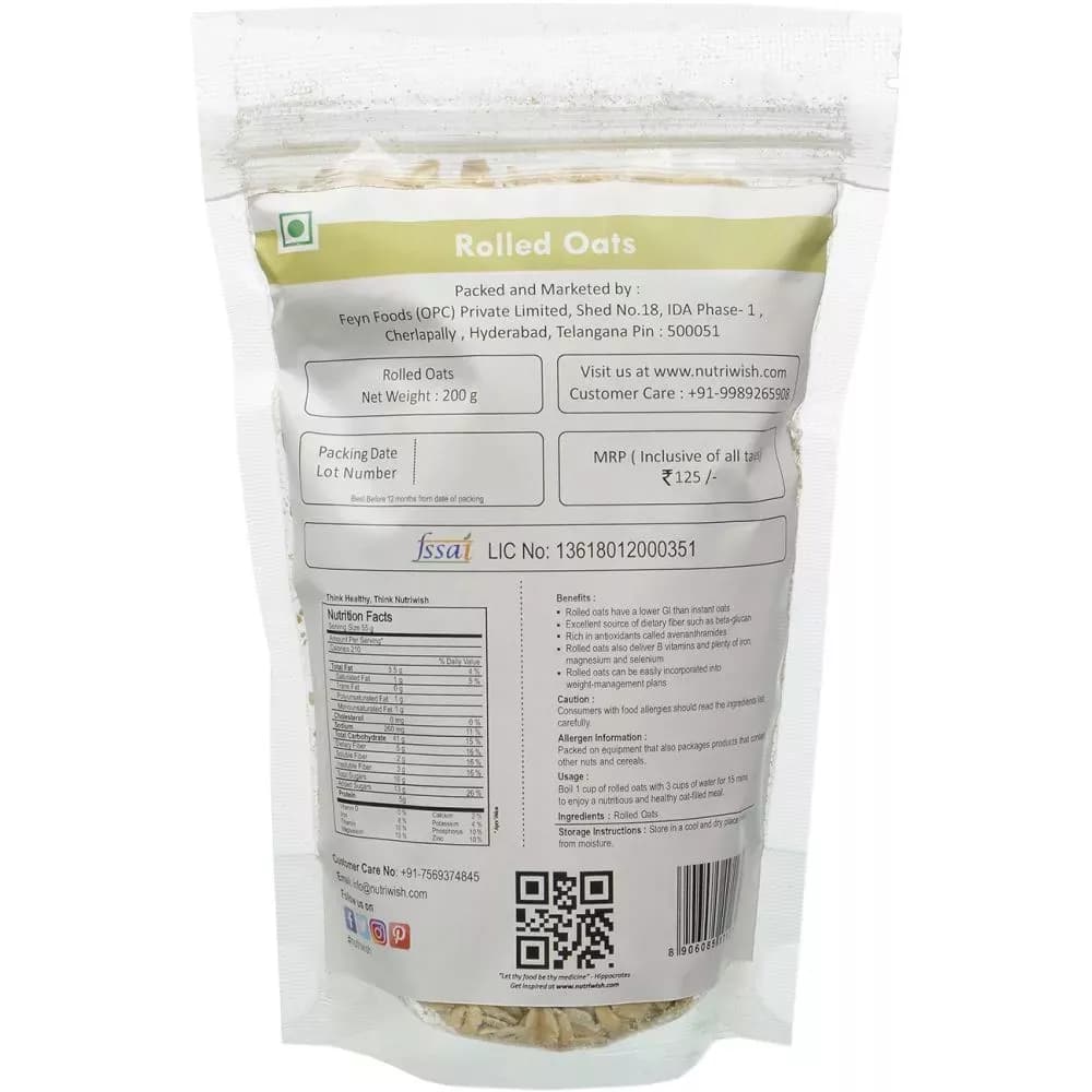 Nutriwish Rolled Oats 200 g Manufacturing Details