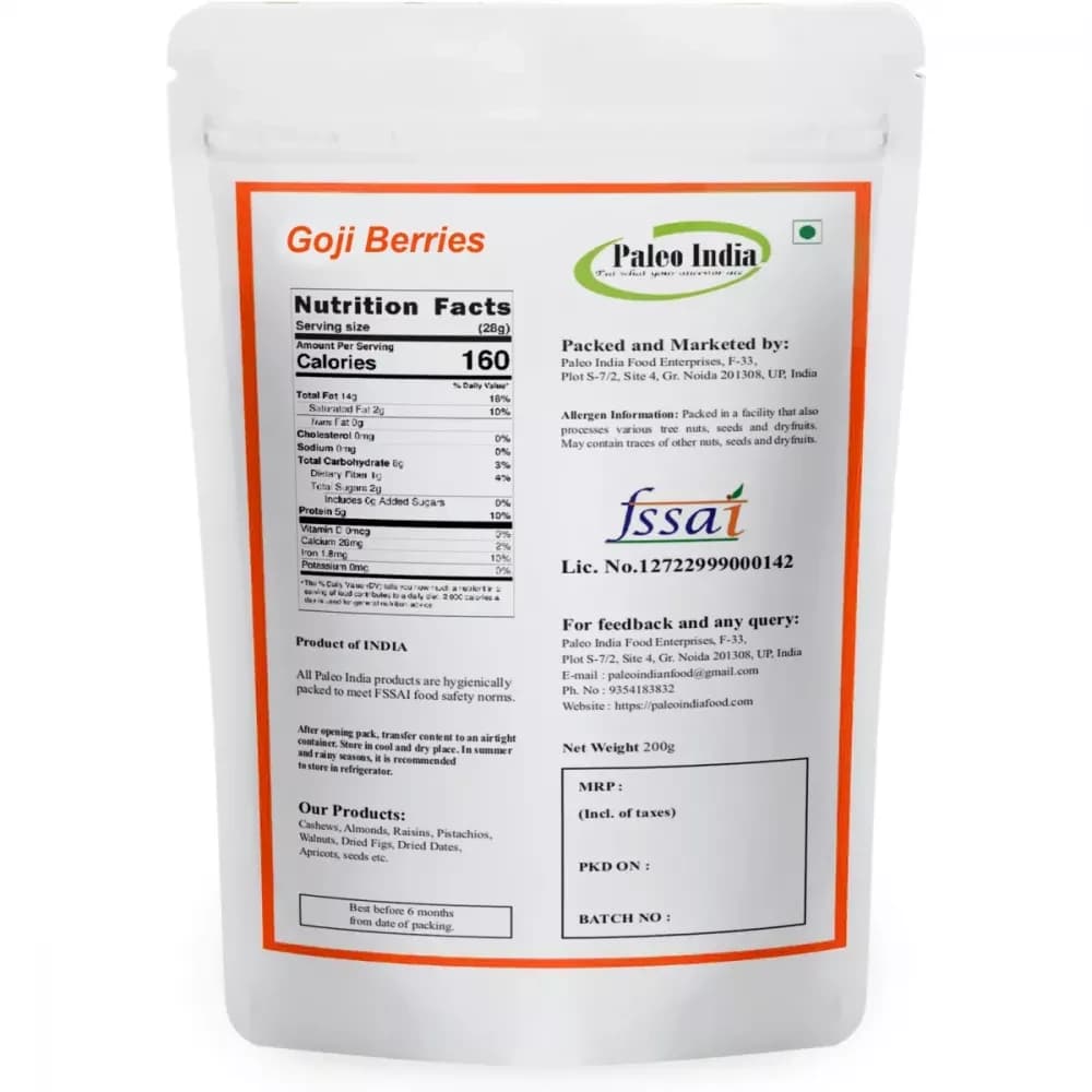 Paleo India Goji Berries 200 g Nutrition Facts