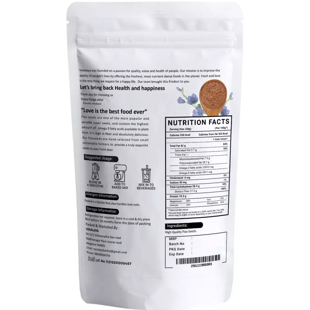 Vanalaya Organic Flax Seeds Nutrition Facts
