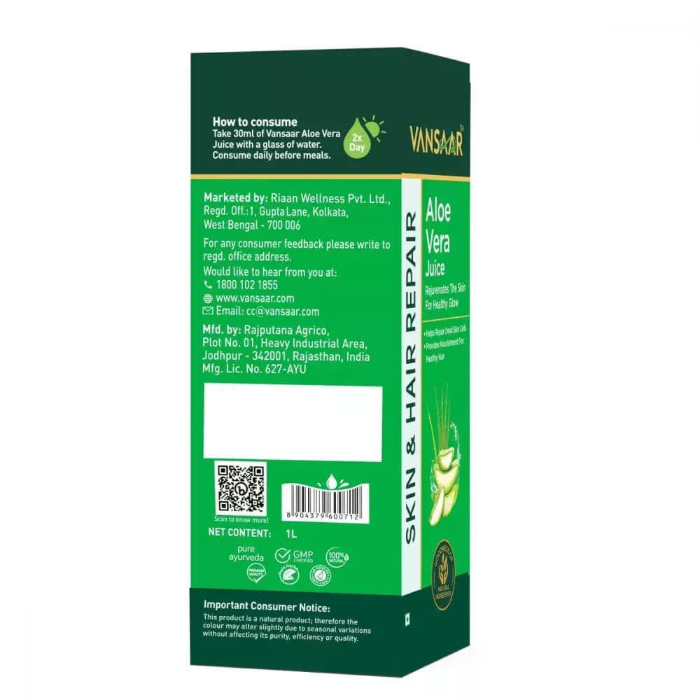 Vansaar Aloe Vera Juice 1 L Manufacturing Details