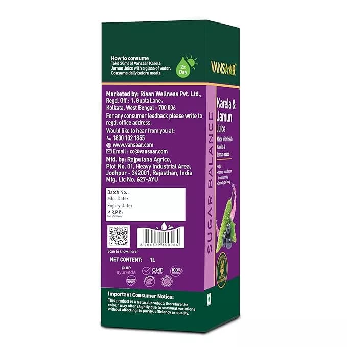 Vansaar Karela & Jamun Juice 1 L Manufacturing Details