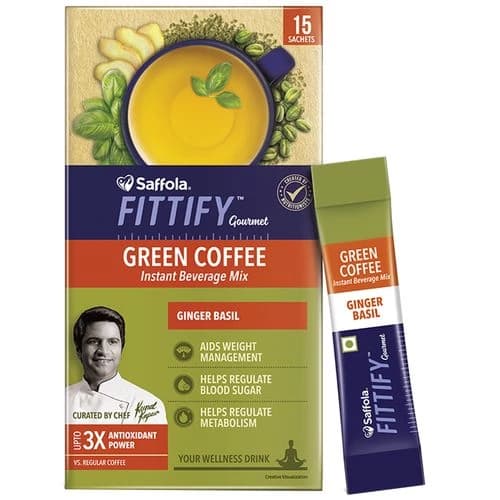 15 Sachets Box Saffola Fittify Gourmet Green Coffee Instant Beverage Mix Ginger Basil ShopIndianProductsa