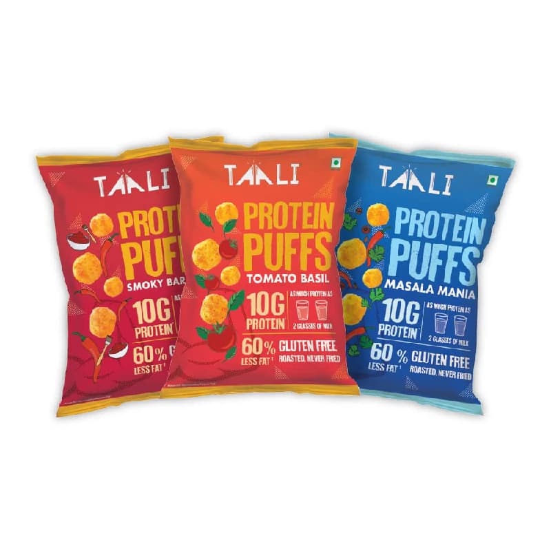 Taali Jowar Tomato Basil, Masala Mania, Smoky Barbeque Protein Puffs — 3