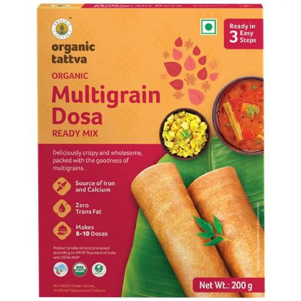 200 G Mono Carton Organic Tattva Organic Multigrain Dosa Ready Mix Crispy Source Of Iron Calcium Zero Trans Fat ShopIndianProductsa