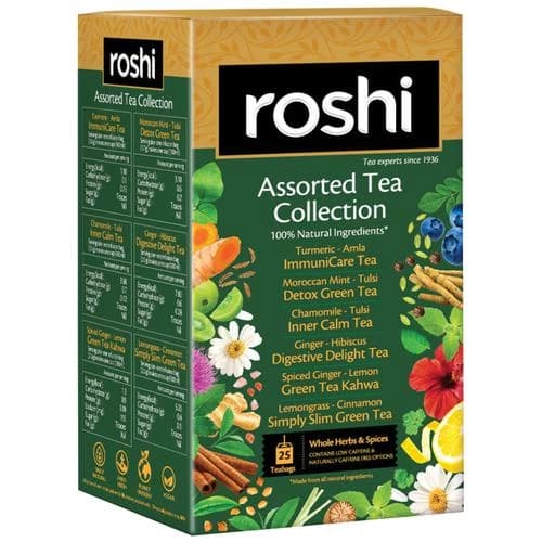 484 G Pack Of 25 Roshi Assorted Tea Bags Sampler Trial Pack With 6 Exotic Flavors ShopIndianProductsa