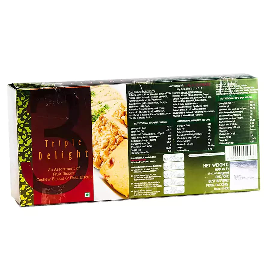 600 G Karachi Bakery Triple Delight Fruit Biscuit With Osmania And Green Pista ShopIndianProductsa
