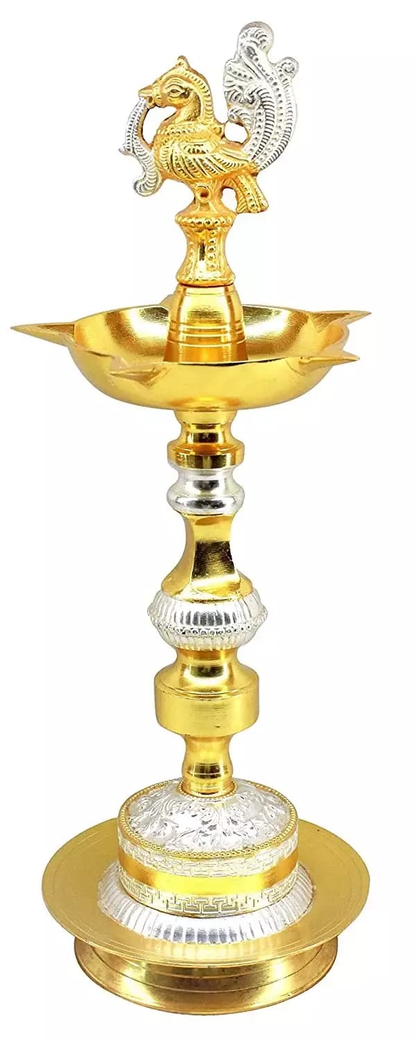 Bengalen Diya 13 Inch Gold and Silver Plated Peacock Design Kerala Deepak,900g-Main image