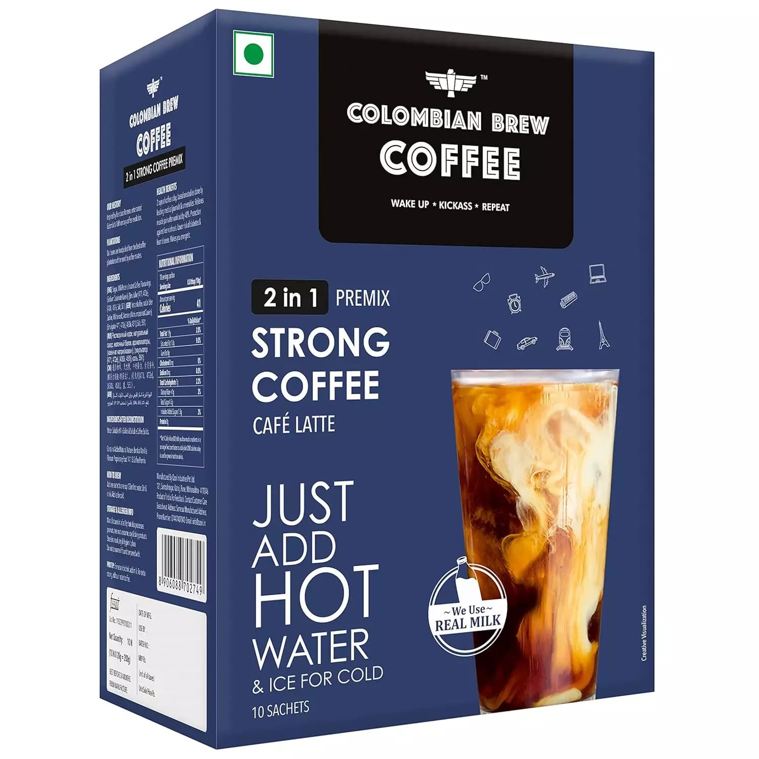 Colombian Brew 2 in 1 Instant Coffee Powder Premix no sugar, unsweetened, 10 Sachets Box, 150g-Main image