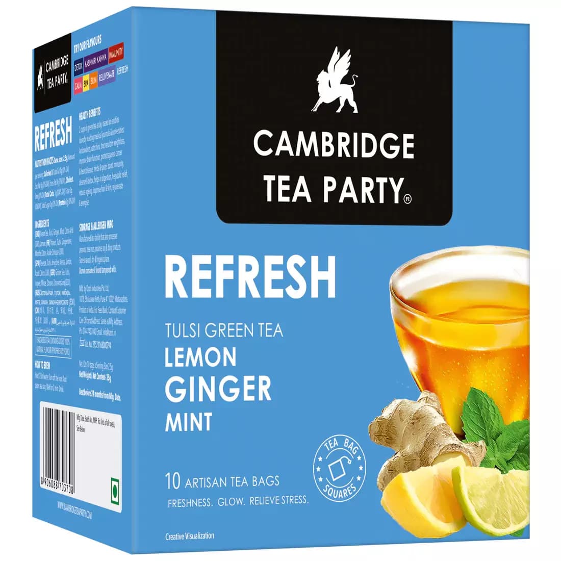 Colombian Brew Cambridge Tea Party Refresh, Lemon Ginger Mint Tulsi Green Tea, 10 Tea Bags, 10Sachets-Main image