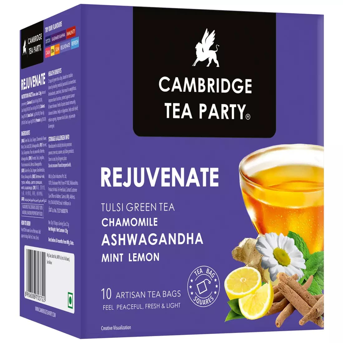 Colombian Brew Cambridge Tea Party Rejuvenate, Ashwagandha Chamomile Ginger Lemon Mint Tulsi Green Tea, 10 Tea Bags, 10Sachets-Main image