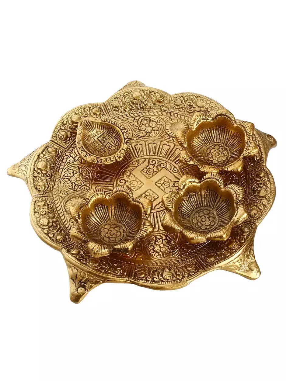 Ecraftindia Golden Metal Swastik Designer Pooja Thali with 3 Bowls and 1 Diya,800g-Main image