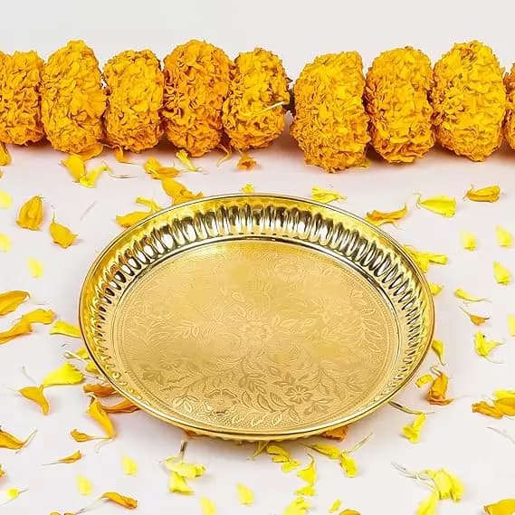 Klassic Decorative Handicraft Flower Embossed Design Brass Pooja Thali,180g-Main image