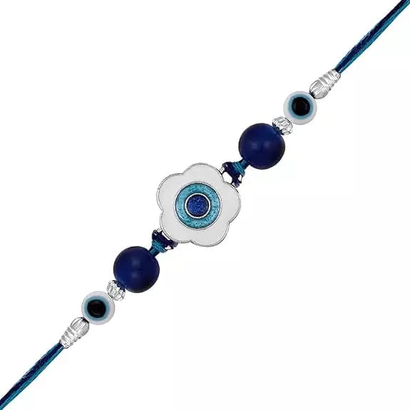 Mahi Rhodium Plated Blue and White Meenakari Work Floral Evil Eye Rakhi,100g-Main image