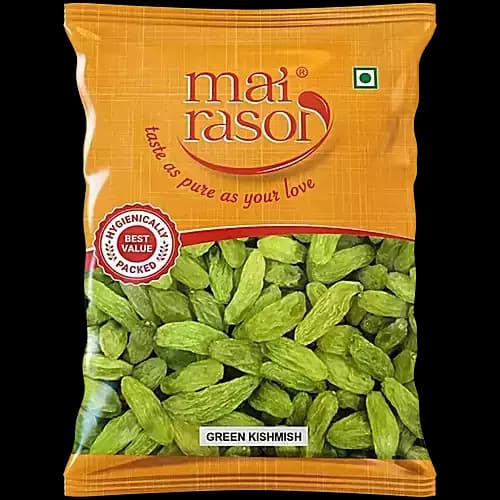Mai Rasoi Long Green Raisins, 200g-Main image.Mai Rasoi Long Green Raisins, 200g-manufaturing Details.