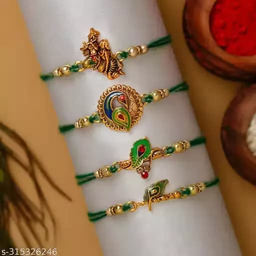 Meesho Radha Krishna Playing Flute, Peacock, Krishna Flute, Peacock Feather Designer Religious Rakhis,300g-Main image