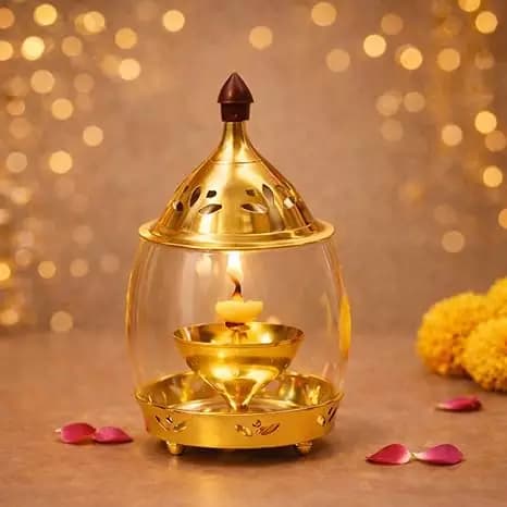 ServDharm Brass Arpan Akhand Diya With Curved Glass,180g-Main image