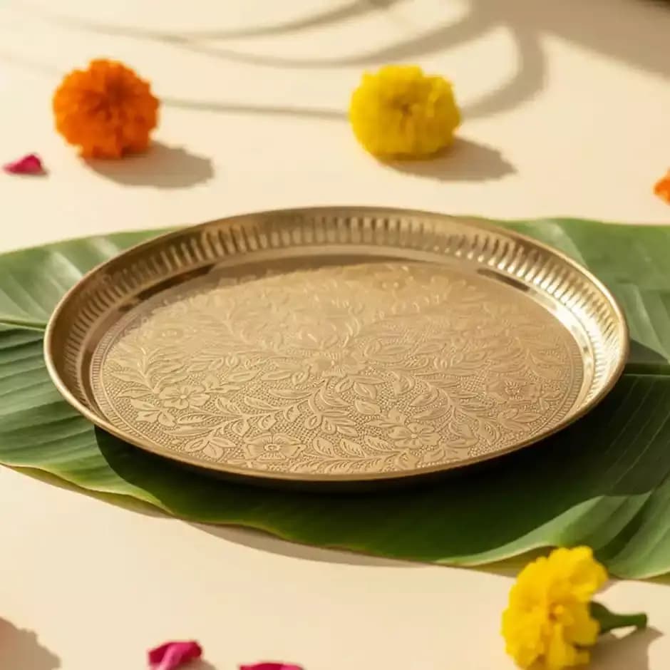 ServDharm Pure Brass Floral Etchings Pooja Thali,350g-Main image