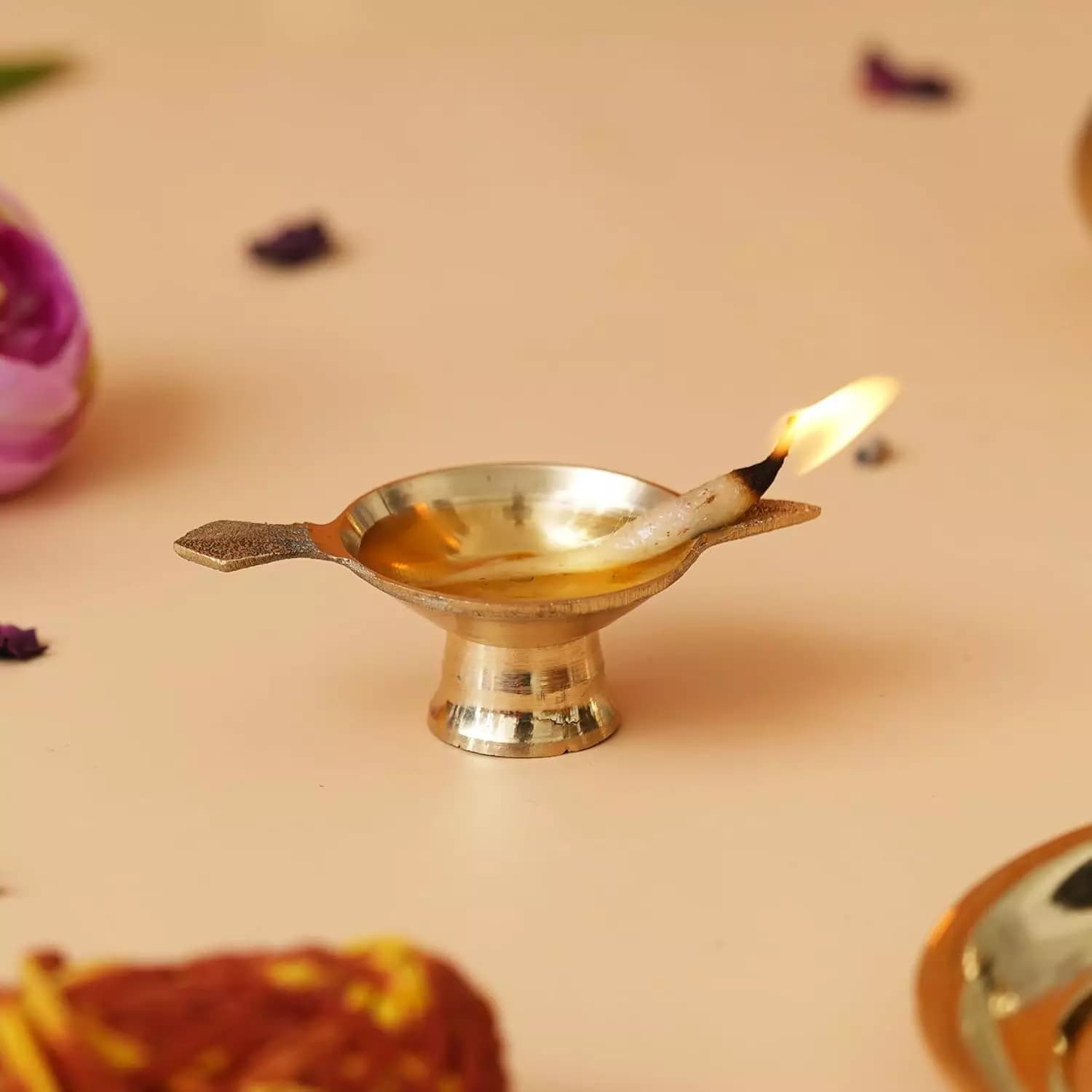 eCraftIndia Golden Decorative Brass Diya with Stand and Holder,300g-Main image