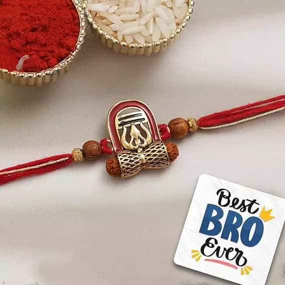 eCraftIndia Red, Brown, and Golden Lord Shiva Shivling, Trishul, Damru, and Rudraksha Religious Designer Rakhi,200g-Main image
